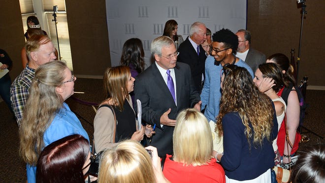 Northwestern State University President-elect Jim Henderson talks with students and stakeholders after a news conference on the Natchitoches campus on Wednesday.