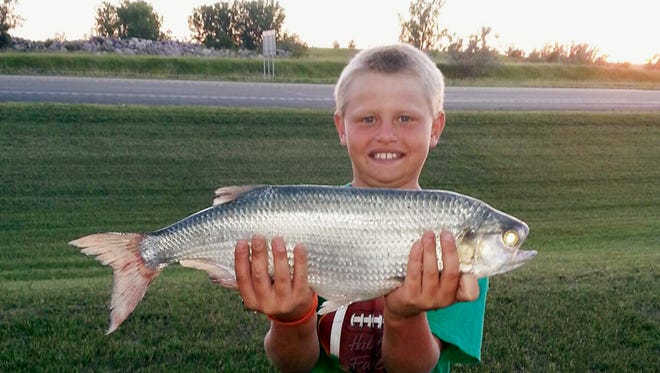 This July 25, 2014 file photo provided by Dorothy Jo Selzler shows 9-year-old Brayden Selzler, of Velva, N.D., holding a 4-pound, 12-ounce goldeye he reeled in on Lake Audubon near Coleharbor, N.D. The whopper goldeye is still a state record, but a slightly smaller one. The state Game and Fish Department has determined that the goldeye Selzler caught was actually 4 pounds, 3 ounces and still breaks the previous state record by 6 ounces. Selzler plans to apply for world record consideration for his fish.