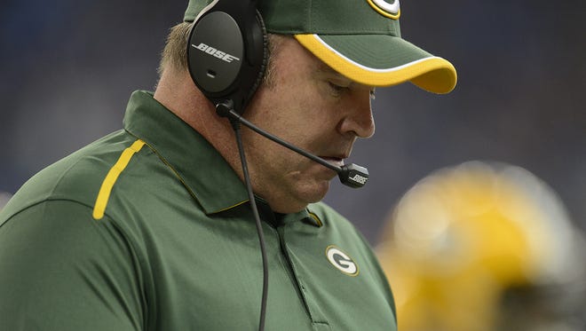Green Bay Packers head coach Mike McCarthy reacts in the third quarter during Sunday's game against the Detroit Lions at Ford Field in Detroit. Evan Siegle/Press-Gazette Media/@PGevansiegle