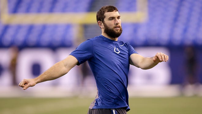 Indianapolis Colts quarterback Andrew Luck (12) stretches to play the Jacksonville Jaguars. The Indianapolis Colts host the Jacksonville Jaguars in their NFL game Sunday, Jan.1, 2016, at Lucas Oil Stadium.