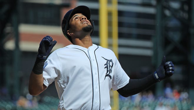 Jeimer Candelario of the Detroit Tigers celebrates at home plate after hitting a solo first inning home run against the Toronto Blue Jays at Comerica Park on June 2, 2018 in Detroit.