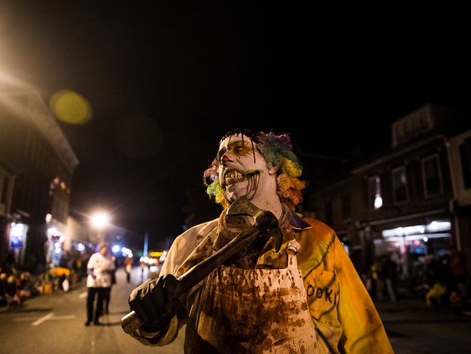 Cookie, a murderous clown from the Haunted Mill float,