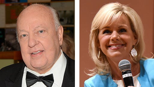 This photo combo of file images shows Fox news CEO Roger Ailes in 2015, left, and former Fox News host Gretchen Carlson in 2016, right.