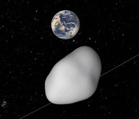 An artist's conception of an asteroid as it passes near Earth on Oct. 12, 2017. While scientists cannot yet predict exactly how close it will approach, they are certain it will come no closer than 4,200 miles from the Earth's surface.