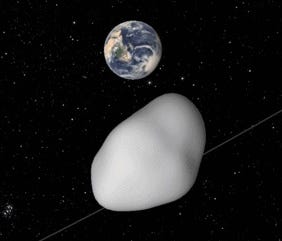 An artist's conception of an asteroid as it passes near Earth on Oct. 12, 2017. While scientists cannot yet predict exactly how close it will approach, they are certain it will come no closer than 4,200 miles from the Earth's surface.