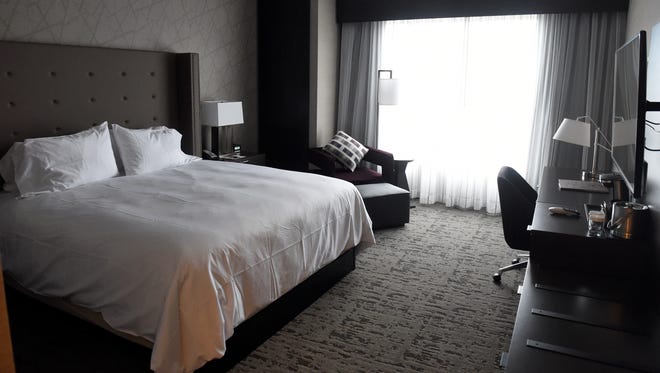 A view of one of the rooms in the new 241-room, five-floor Hilton DoubleTree hotel after its official opening in Downtown EvansvilleÊTuesday, Feb., 14, 2017.
