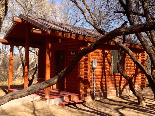 Besides campgrounds, Dead Horse Ranch offers eight heated, air-conditioned cabins with full-sized beds, bunk beds, tables, chairs and a covered wooden porch.