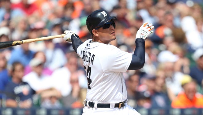 Tigers first baseman Miguel Cabrera hits a two-run homer during the seventh inning of Thursday's win over the Twins at Comerica Park.