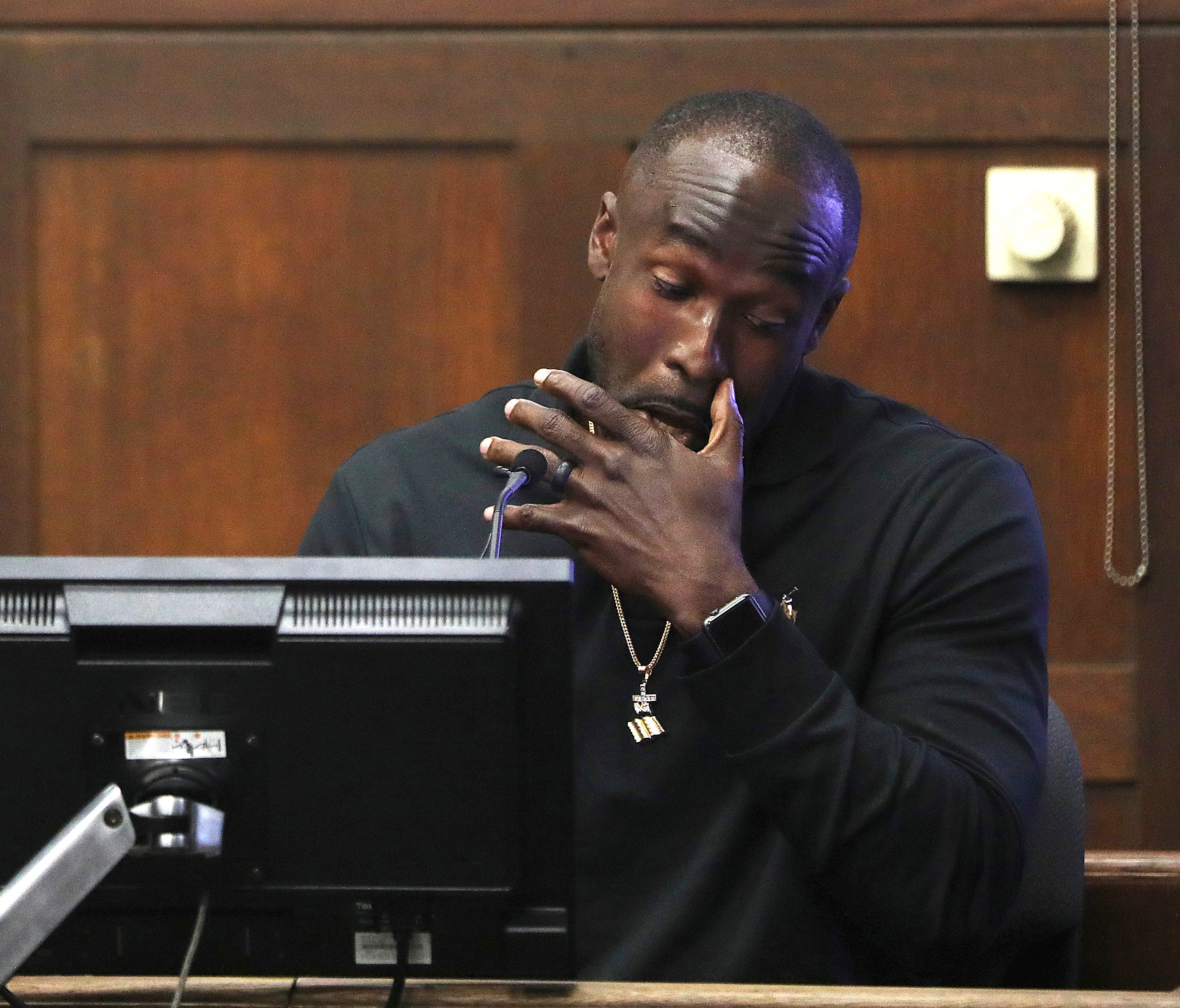National Football League player Deonte Thompson is questioned by A.D.A. Mark Lee Monday, March 27, 2017, during the trial of former New England Patriots tight end Aaron Hernandez in Suffolk Superior Court in Boston.