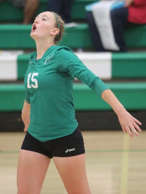 Southeast Warren sophomore Blaire Steenhoek celebrates a point. Southeast Warren beat Ankeny Christian in four games in Liberty Center Oct. 24 to advacne to a Class 1A regional semifinal against Lamoni on Oct. 27.