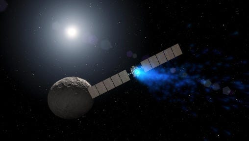 This artist rendering by NASA shows the Dawn spacecraft orbiting the dwarf planet Ceres. New findings presented at the American Geophysical Union meeting on Thursday, Dec. 15, 2016 show that ice can exist in permanently shadowed craters on Ceres and is widespread below the surface. Dawn has been studying Ceres since 2015 after a stop at the asteroid Vesta.