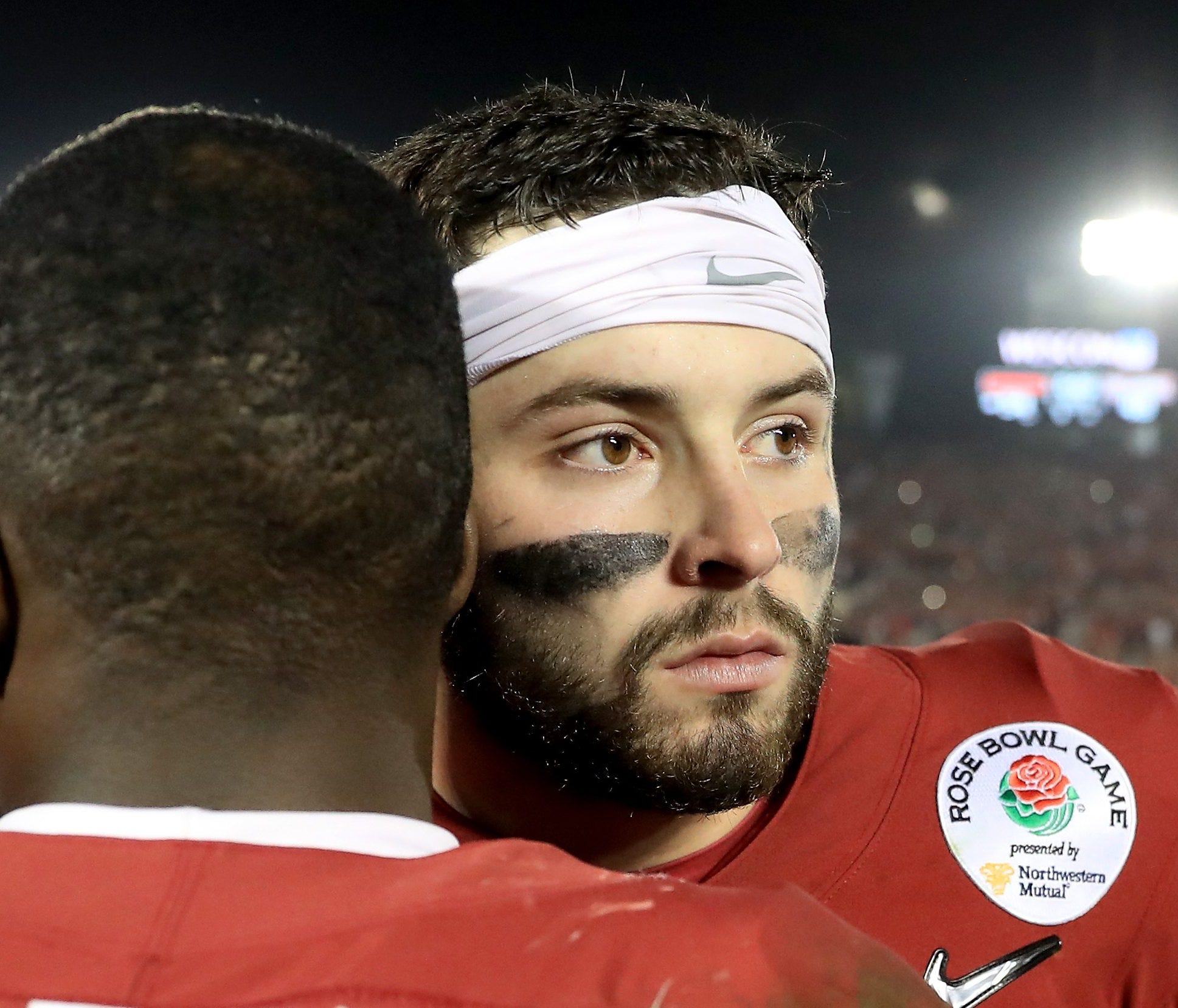 PASADENA, CA - JANUARY 01: Baker Mayfield #6 of the Oklahoma Sooners and Marquise Brown #5 of the Oklahoma Sooners hug after playing in the 2018 College Football Playoff Semifinal Game against the Georgia Bulldogs at the Rose Bowl Game presented by N