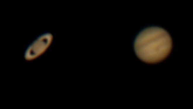 Pictures of Saturn and Jupiter, taken July 21, 2020, are placed closer together than they appeared in the sky.