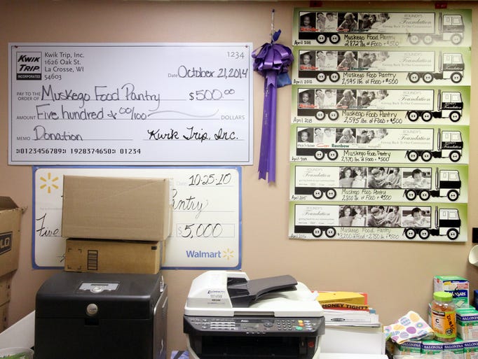 Oversized checks and presentation signs on a wall in