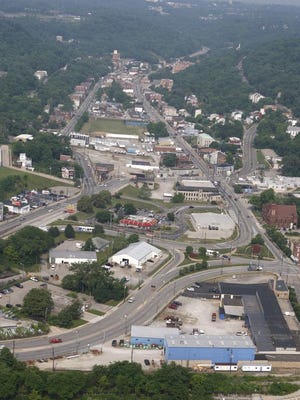 An aerial view of the South Fairmount business district, which would undergo major changes if the Lick Run restoration is undertaken.