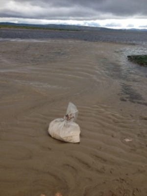 Morag Paterson found this bag, which apparently contains the ashes of a person cremated in Battle Creek, on a beach near Inverness, Scotland, on Friday morning. How they got there is a mystery.