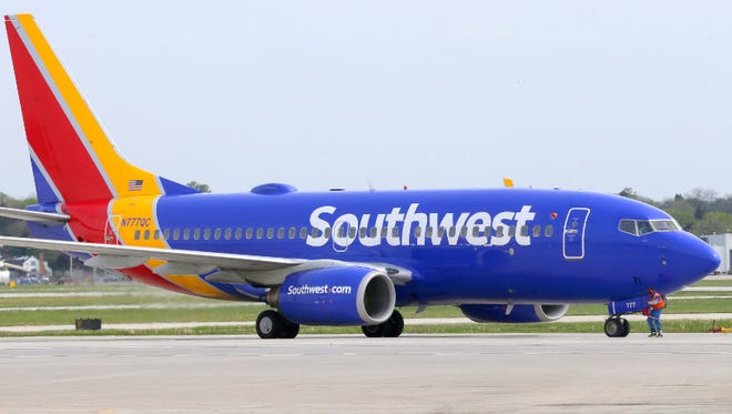 A Southwest Airlines jet is shown on a taxiway at Mitchell International Airport in Milwaukee.