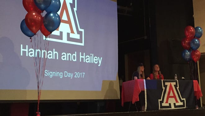 South Salem seniors Hailey Clifford (left) and Hannah Clifford at their National Letter of Intent signign ceremony on Wednesday, Feb. 1, 2017.