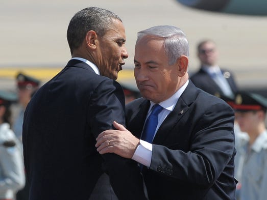 President Obama hugs Israel's Prime Minister Benjamin
