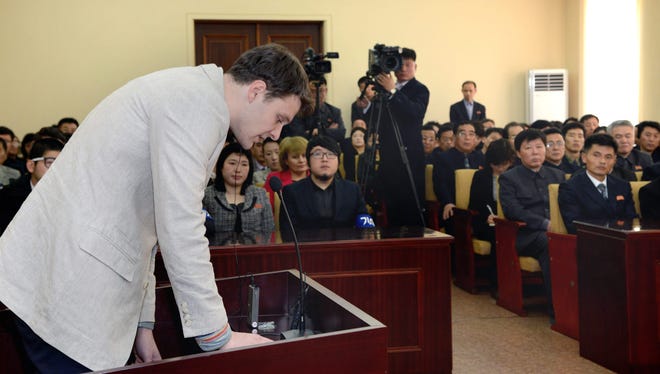 Otto Warmbier, a 21-year-old college student from Wyoming, Ohio, speaks March 16, 2016, to the high court in Pyongyang, North Korea. He was sentenced later that day to 15 years of hard labor for allegedly stealing a political sign.