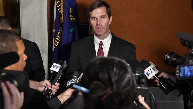 In this Sept. 20, 2018, file photo, Kentucky Attorney General Andy Beshear addresses reporters outside the Kentucky Supreme Court. Beshear says a bill moving through the Republican-controlled legislature to outlaw abortions after the detection of a fetal heartbeat is unconstitutional.