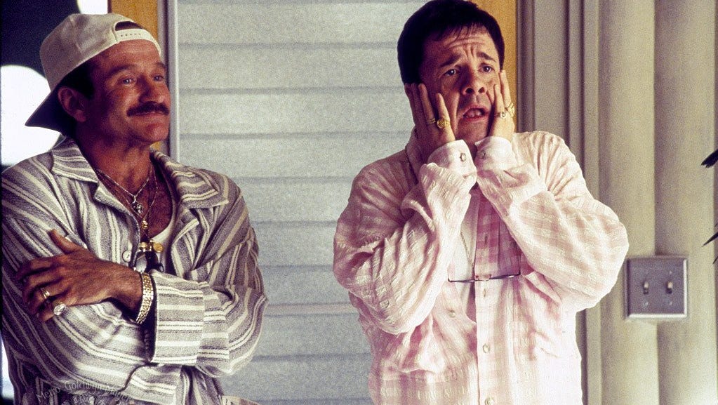 Robin Williams, left, and Nathan Lane in "The Birdcage" (1996) [MGM via AP]