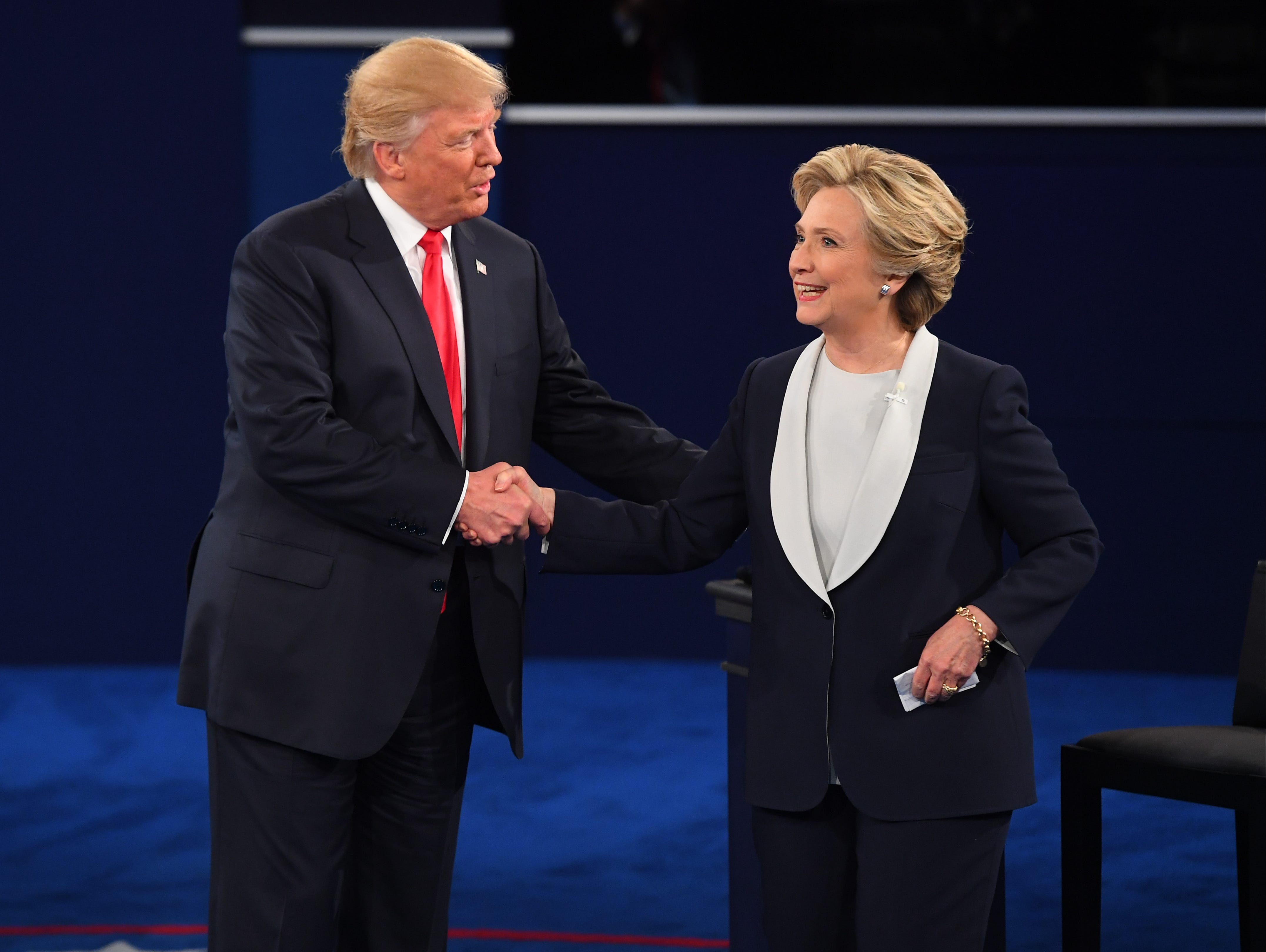 Hillary Clinton and Donald Trump shake hands after the second presidential debate at Washington University in St Louis.