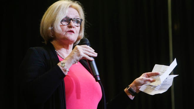 Sen. Claire McCaskill answers questions from the audience during a town hall meeting at the Old Glass Place on Friday, April 14, 2017.