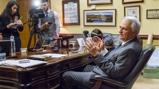 Senate Speaker Ron Ramsey speaks to reporters in his legislative office in Nashville on Friday. Ramsey said state Rep. Jeremy Durham showed poor judgment in writing a letter to urge a federal judge to give a more lenient sentence to a man who pleaded guilty to child porn possession.