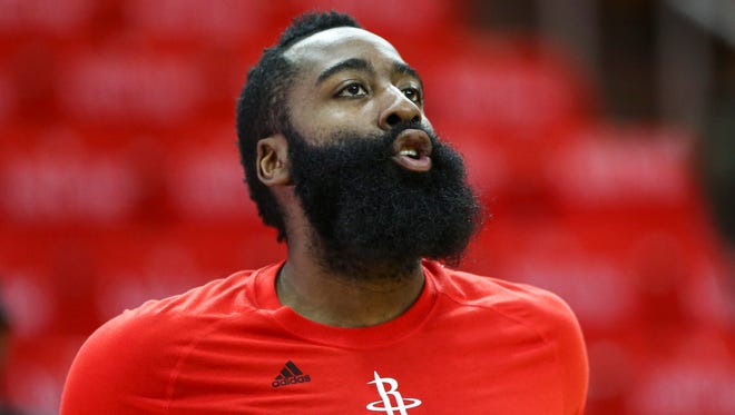 This file photo shows Rockets guard James Harden warming up prior to Game 6 of Houston's second-round series against the Spurs at Toyota Center in Houston.
