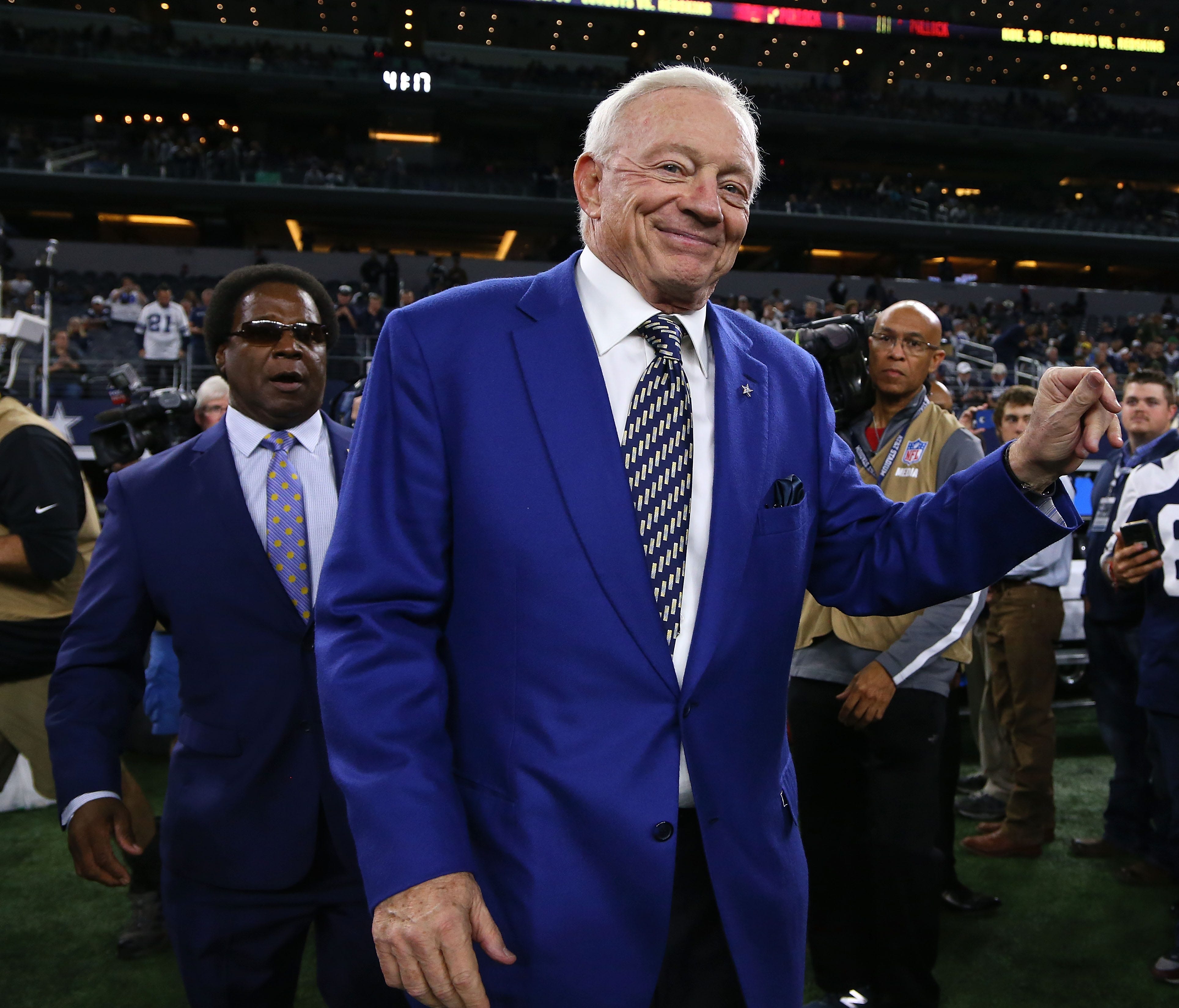Jerry Jones, owner of the Dallas Cowboys, walks on the field before the game against the Philadelphia Eagles at AT&T Stadium on November 19, 2017 in Arlington, Texas.