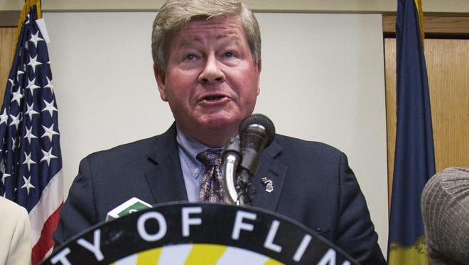 Special Advisor to Governor Rick Snyder Rich Baird speaks during a press conference held by Mayor Karen Weaver on July, 25, 2017 in Flint City Hall.