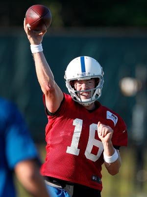 Indianapolis Colts quarterback Scott Tolzien (16) drops back to pass during their preseason training camp practice at the Colts complex on West 56th Street Wednesday morning August 9, 2017.