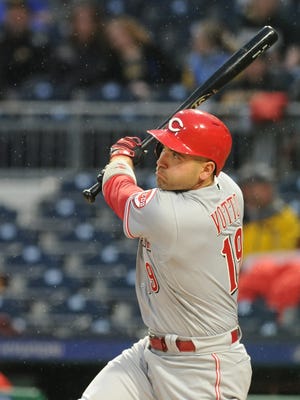 Cincinnati Reds batter Joey Votto (19) gets a first inning hit against the Pittsburgh Pirates at PNC Park.