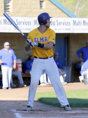 Dylan Bellinger, shown at the plate this season, earned Empire 8 all-conference honors for the third time at Elmira College.