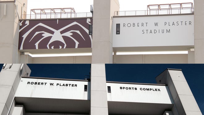 Before and after photos of the sign at Plaster Stadium.