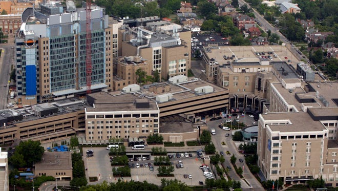 An aerial view of the main campus of Cincinnati Children's Hospital Medical Center.