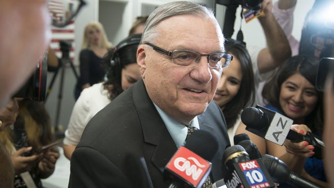Maricopa County Sheriff Joe Arpaio speaks to media Aug. 30, 2016, at Arizona Republican Party headquarters to watch elections returns.