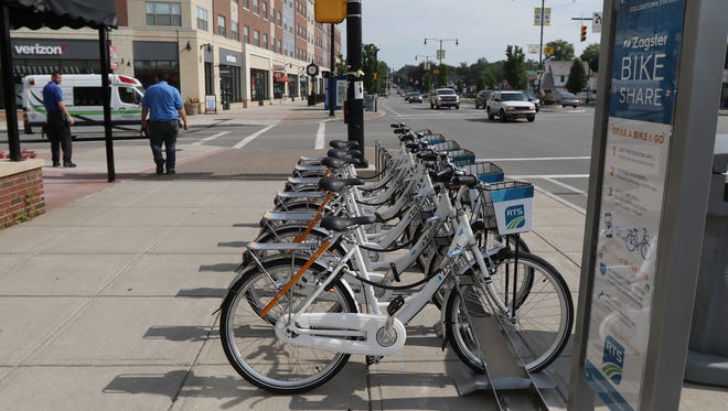 Bikes at Mt. Hope Avenue at College Town are part of Rochester's bike share program.