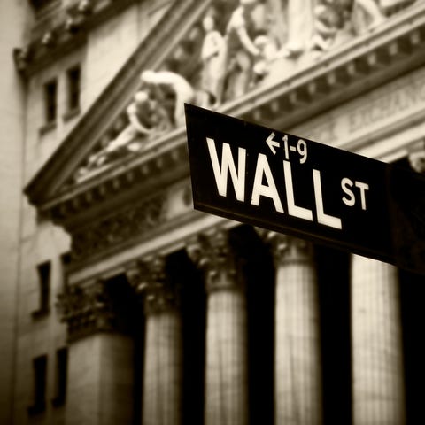 Wall Street sign, with New York Stock Exchange in 