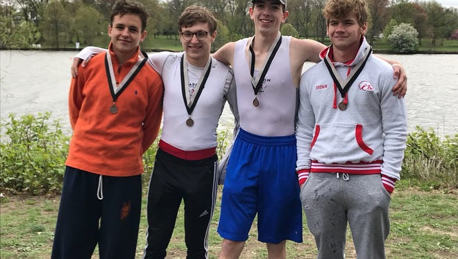 The men's senior quad for Haddon Township Crew earned the title of state champion at the 2018 Garden State Championship Regatta. (from left to right)  Jack Savell, Jack Haigh, Vince Fizpatric and Aidan Cronin.