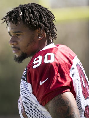 Cardinals defensive tackle Robert Nkemdiche looks on during Cardinals practice at the Cardinals training facility in Tempe on Friday, September 16, 2016.