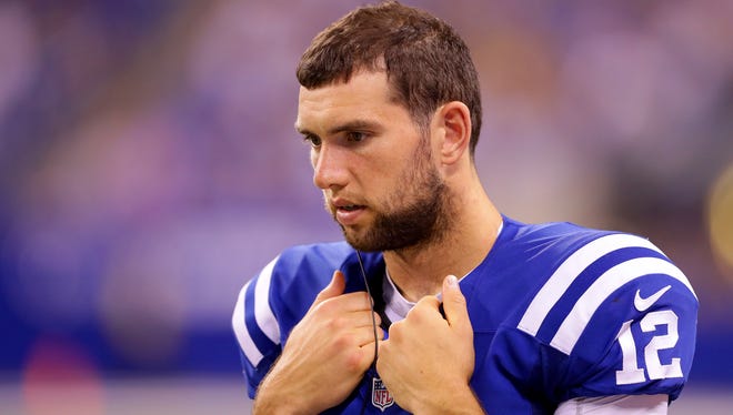Indianapolis Colts quarterback Andrew Luck on the sidelines during the second half of a game on Aug. 27, 2015, at Lucas Oil Stadium.