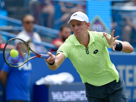 Kevin Anderson, of South Africa, returns the ball to Alexander Zverev, of Germany, during the finals of the Citi Open tennis tournament, Sunday, Aug. 6, 2017, in Washington. Zverev won 6-4, 6-4. (AP Photo/Nick Wass)