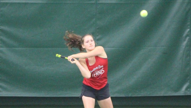 Emily Horneffer of Brookfield East unleashes a backhand at the WIAA Division 1 individual tournament Oct. 13 in Madison.
