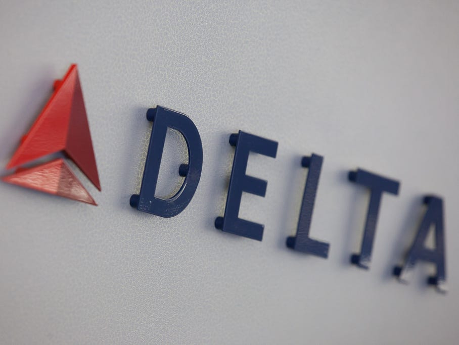 Delta Air Lines' logo is seen inside an Airbus A330 long-haul jet at Atlanta Hartsfield-Jackson International Airport on April 29, 2016.