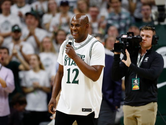 Michigan State football coach Mel Tucker speaks during a timeout in the first half of an NCAA college basketball game against Maryland in East Lansing, Mich., Saturday, Feb. 15, 2020. (AP Photo/Paul Sancya)
