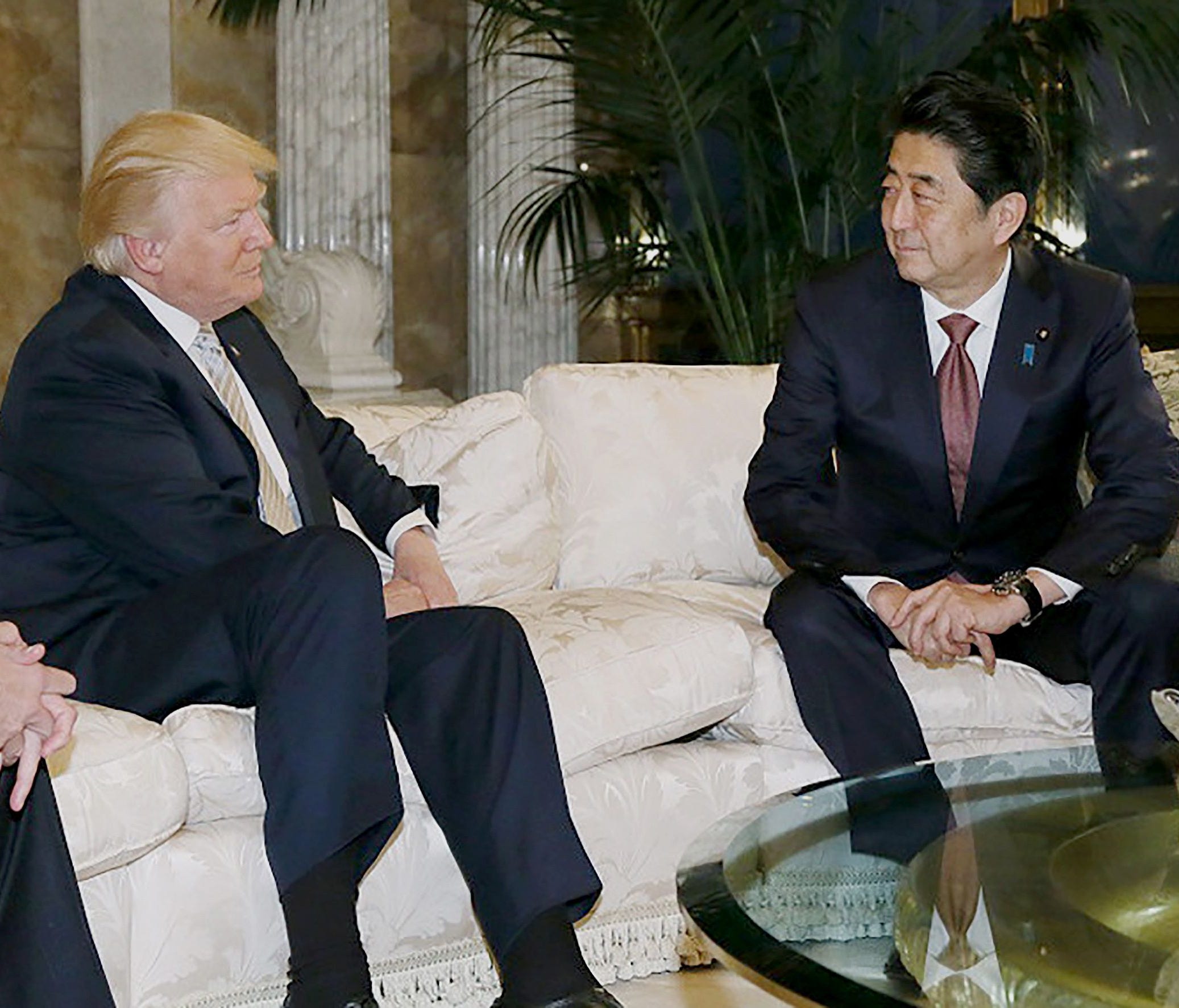 This handout picture, released by Japan's Cabinet Secretariat on Nov. 18, 2016, shows Japanese Prime Minister Shinzo Abe in a meeting with then-president-elect Donald Trump in New York.
