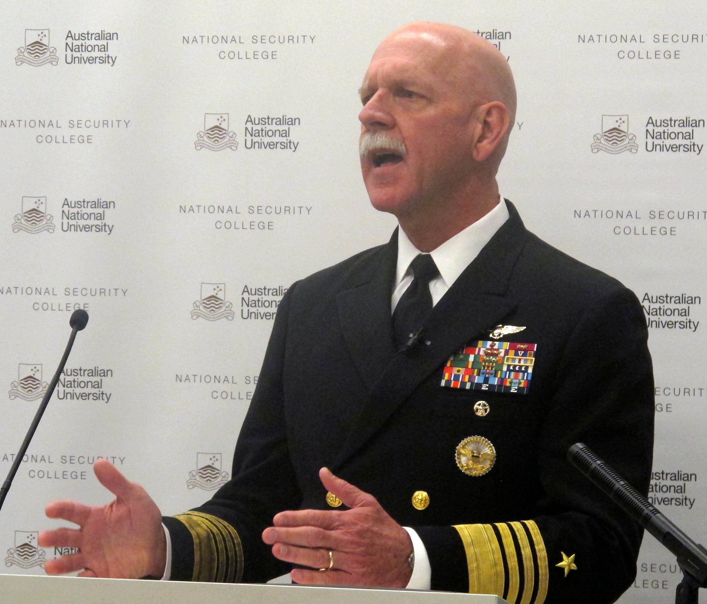 U.S. Pacific Fleet Commander Adm. Scott Swift addresses an Australian National University security conference in Canberra, Australia, Thursday, July 27, 2017. Swifts said he would launch a nuclear strike against China next week if U.S. President Dona