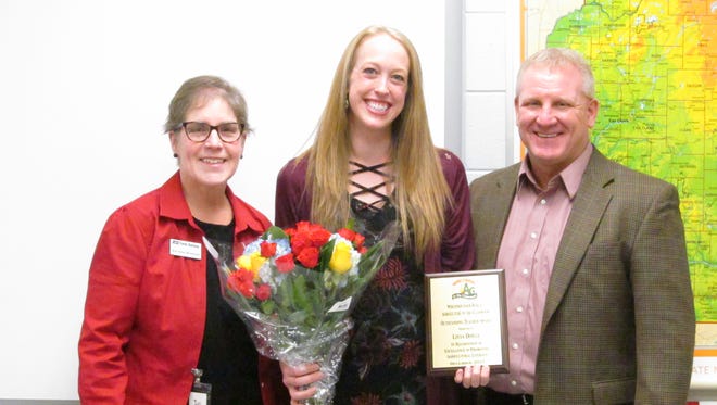 Livia Doyle (center) was recognized as the 2017 Wisconsin Ag in the Classroom Outstanding Teacher. Joining her is Darlene Arneson, Wisconsin Ag in the Classroom Coordinator and Luke Francois, Mineral Point Schools Superintendent.